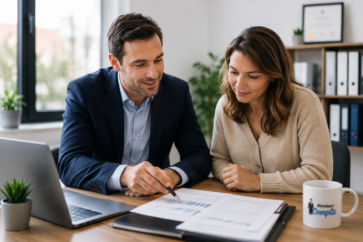 Expert-comptable Monsieur Compta accueillant un dirigeant